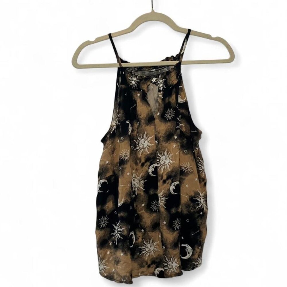 Witchy Celestial Sun Moon Black Orange Spaghetti Strap Ruched Neck Top - Picture 4 of 8